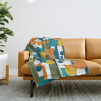 Mid-Century Modern Geometrica Pattern in Moroccan Teal Blue Olive Green Mustard Yellow Orange and White Throw Blanket Gallery Image 1