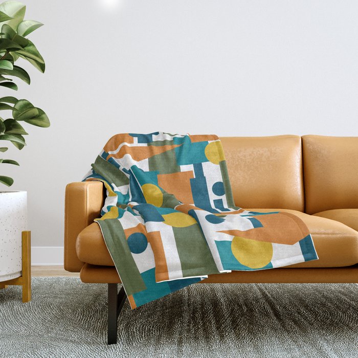 Mid-Century Modern Geometrica Pattern in Moroccan Teal Blue Olive Green Mustard Yellow Orange and White Throw Blanket Gallery Image 1