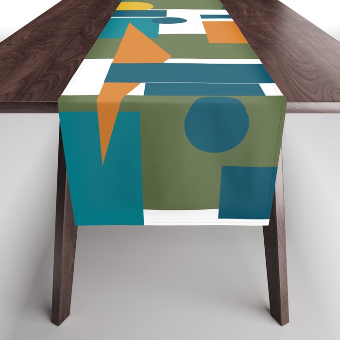 Mid-Century Modern Geometrica Pattern in Moroccan Teal Blue Olive Green Mustard Yellow Orange and White Table Runner Gallery Image 1