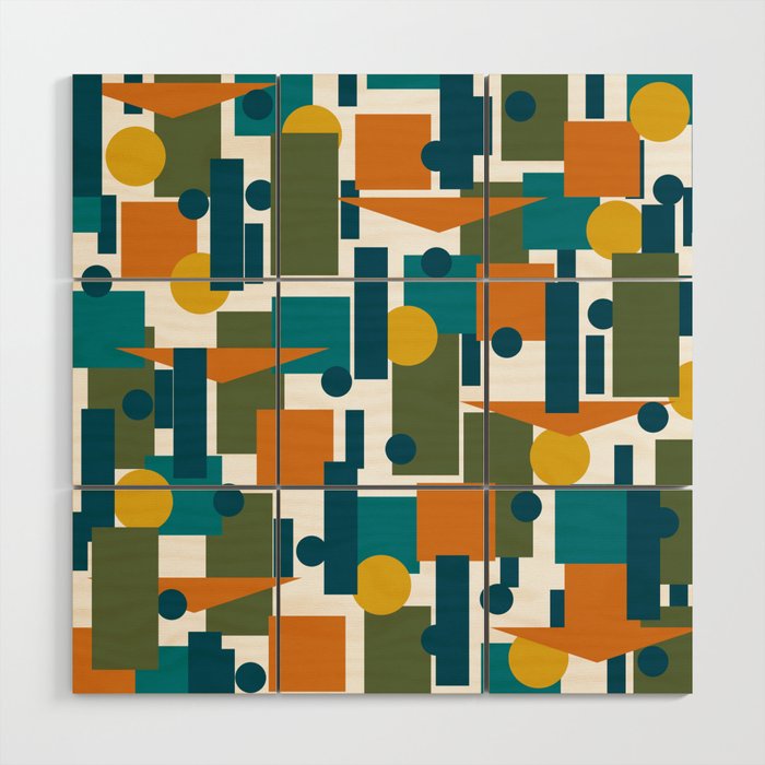 Mid-Century Modern Geometrica Pattern in Moroccan Teal Blue Olive Green Mustard Yellow Orange and White Wood Wall Art Gallery Image 1