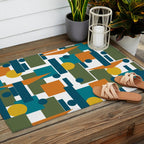 Mid-Century Modern Geometrica Pattern in Moroccan Teal Blue Olive Green Mustard Yellow Orange and White Outdoor Rug Gallery Image 2