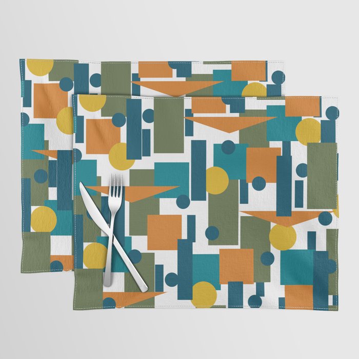 Mid-Century Modern Geometrica Pattern in Moroccan Teal Blue Olive Green Mustard Yellow Orange and White Placemat Gallery Image 1