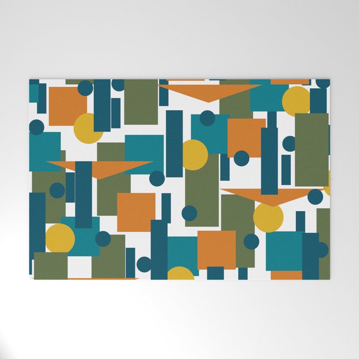 Mid-Century Modern Geometrica Pattern in Moroccan Teal Blue Olive Green Mustard Yellow Orange and White Welcome Mat Gallery Image 1