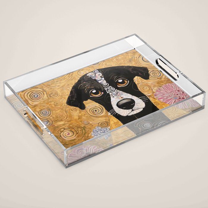 Black and White Klimt Dog with Floral Pattern Acrylic Tray Gallery Image 1