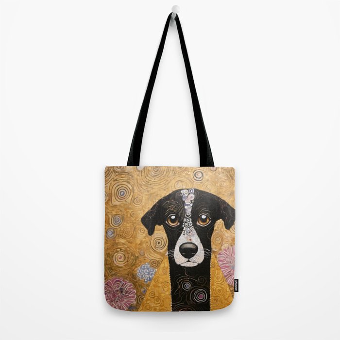 Black and White Klimt Dog with Floral Pattern Tote Bag Gallery Image 2