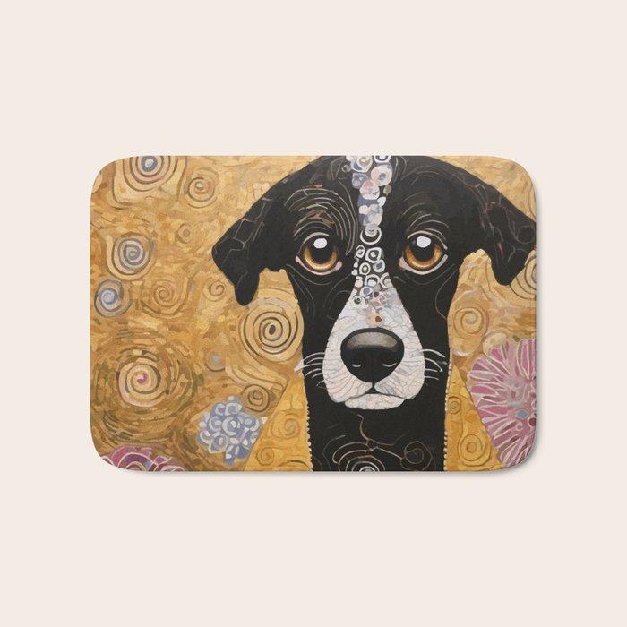 Black and White Klimt Dog with Floral Pattern Bath Mat Gallery Image 1