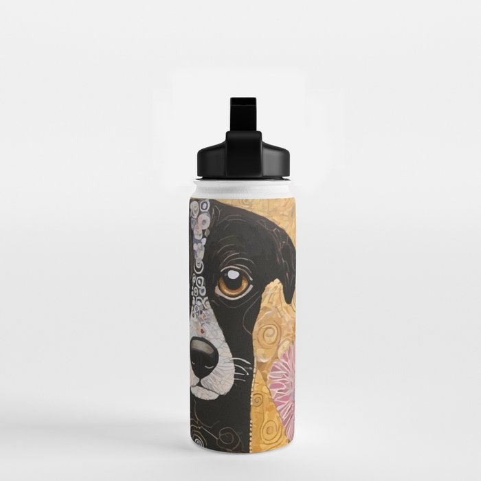 Black and White Klimt Dog with Floral Pattern Water Bottle Gallery Image 2