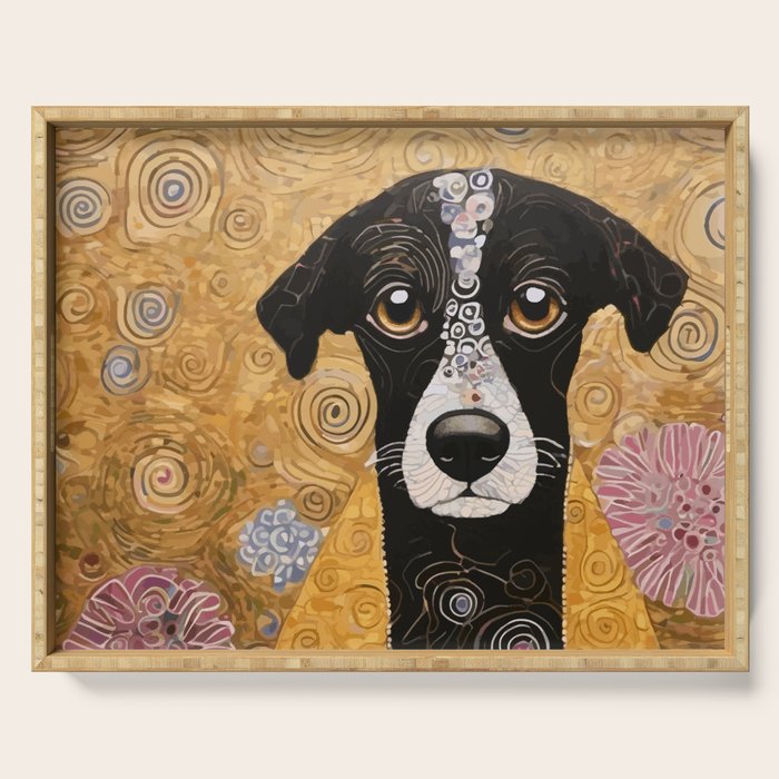 Black and White Klimt Dog with Floral Pattern Serving Tray Gallery Image 1