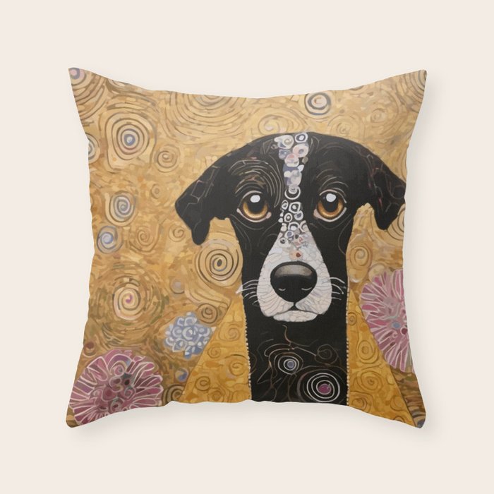 Black and White Klimt Dog with Floral Pattern Throw Pillow Gallery Image 6