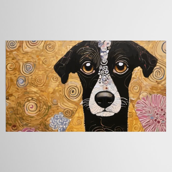 Black and White Klimt Dog with Floral Pattern Tablecloth Gallery Image 2