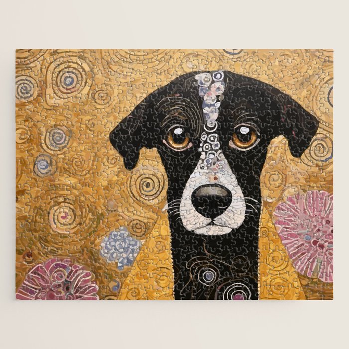 Black and White Klimt Dog with Floral Pattern Jigsaw Puzzle Gallery Image 1