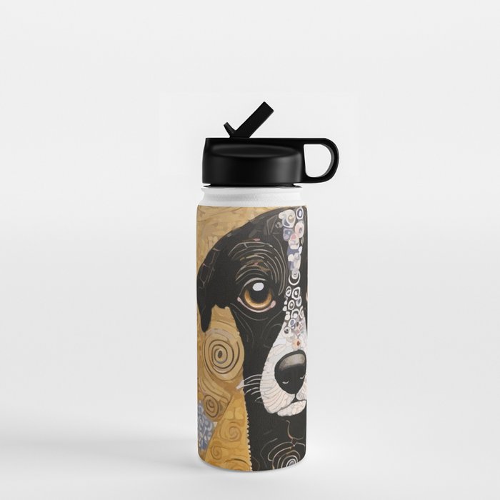 Black and White Klimt Dog with Floral Pattern Water Bottle Gallery Image 1