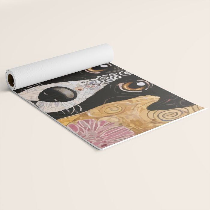 Black and White Klimt Dog with Floral Pattern Yoga Mat Gallery Image 2