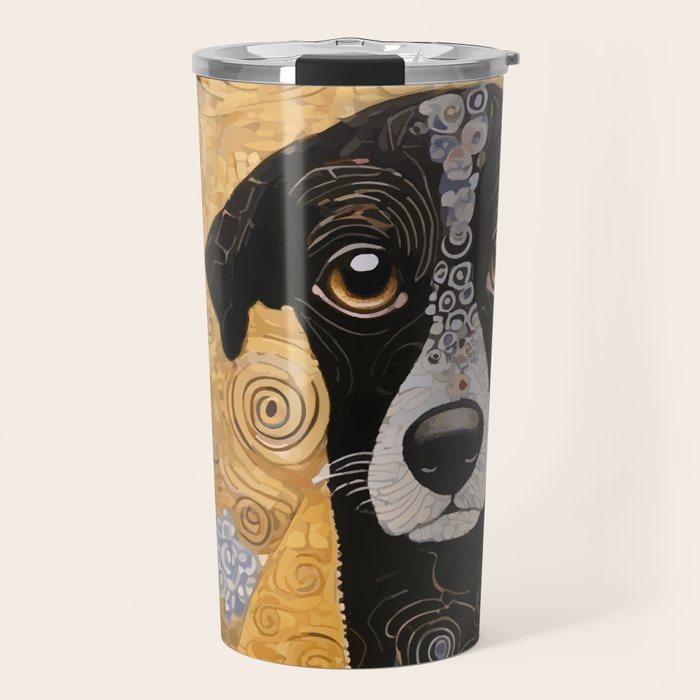 Black and White Klimt Dog with Floral Pattern Travel Mug Gallery Image 1