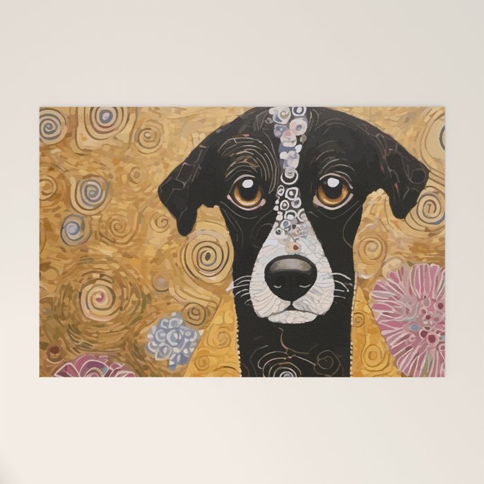 Black and White Klimt Dog with Floral Pattern Welcome Mat Gallery Image 1