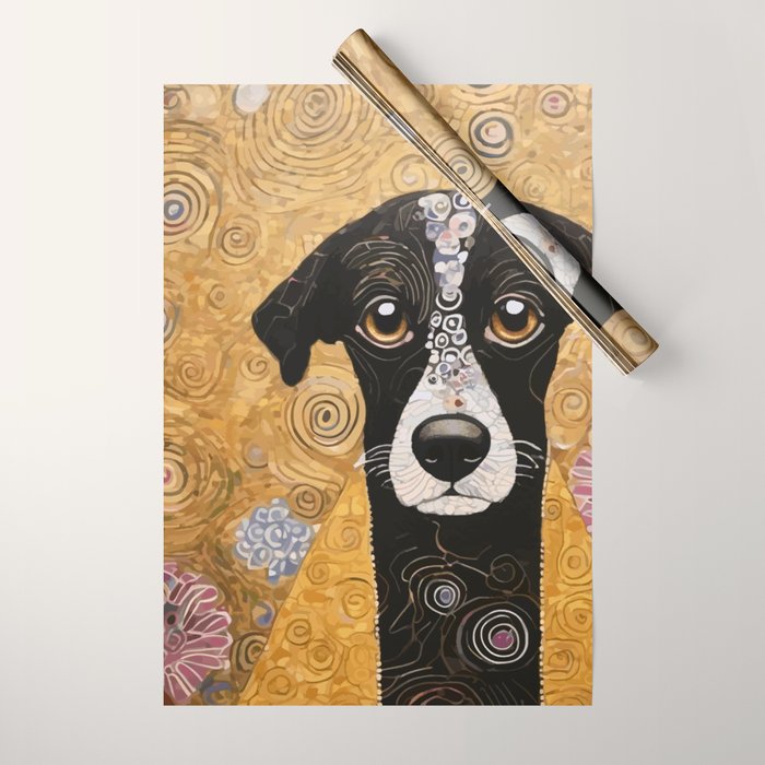 Black and White Klimt Dog with Floral Pattern Wrapping Paper Gallery Image 1