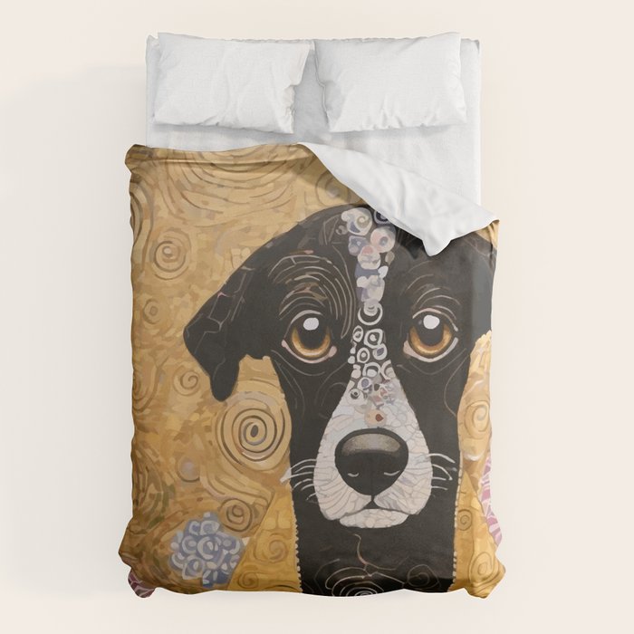 Black and White Klimt Dog with Floral Pattern Duvet Cover Gallery Image 1