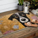 Black and White Klimt Dog with Floral Pattern Outdoor Rug Gallery Image 2