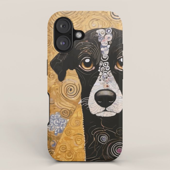 Black and White Klimt Dog with Floral Pattern iPhone Case Gallery Image 1