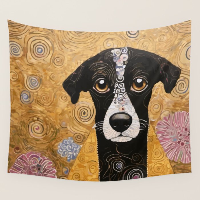 Black and White Klimt Dog with Floral Pattern Wall Tapestry Gallery Image 1