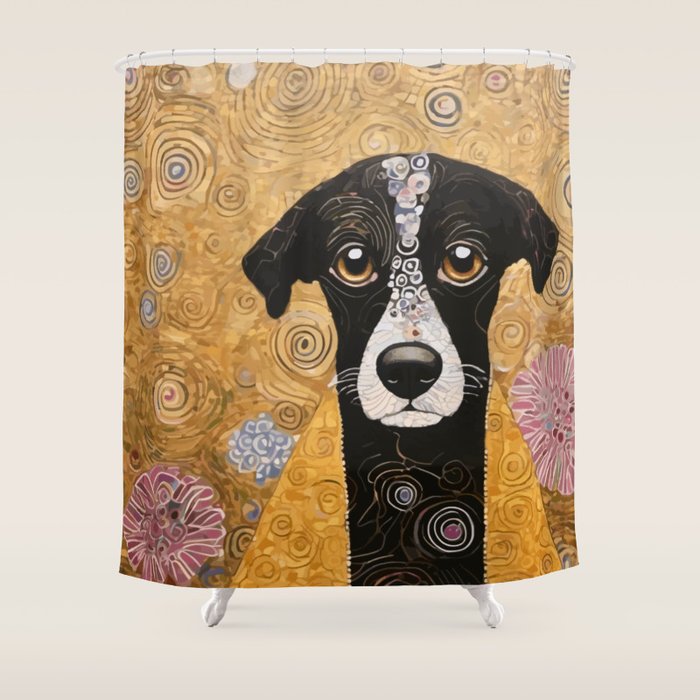 Black and White Klimt Dog with Floral Pattern Shower Curtain Gallery Image 1