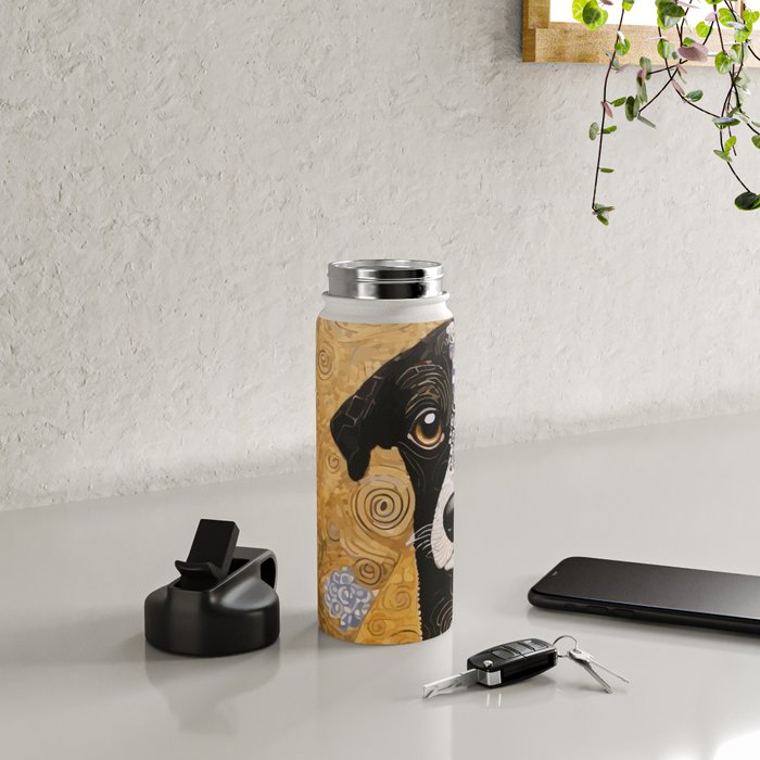 Black and White Klimt Dog with Floral Pattern Water Bottle Gallery Image 4