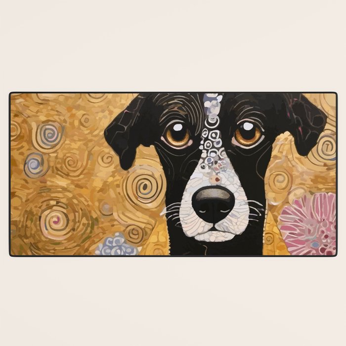 Black and White Klimt Dog with Floral Pattern Desk Mat Gallery Image 3