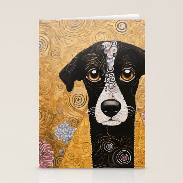 Black and White Klimt Dog with Floral Pattern Stationery Card Gallery Image 1