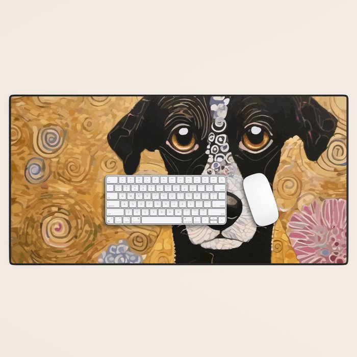 Black and White Klimt Dog with Floral Pattern Desk Mat Gallery Image 1