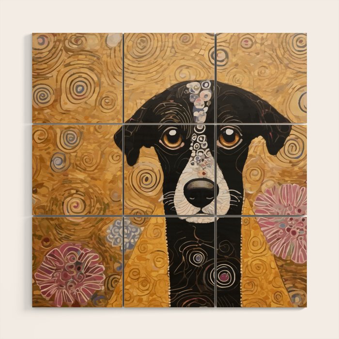 Black and White Klimt Dog with Floral Pattern Wood Wall Art Gallery Image 1