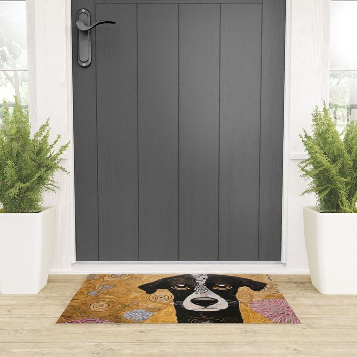 Black and White Klimt Dog with Floral Pattern Welcome Mat Gallery Image 3