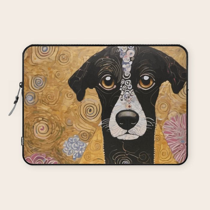 Black and White Klimt Dog with Floral Pattern Laptop Sleeve Gallery Image 1