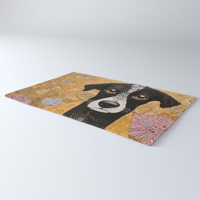 Black and White Klimt Dog with Floral Pattern Rug Gallery Image 3