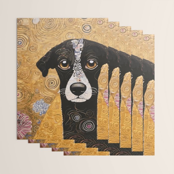 Black and White Klimt Dog with Floral Pattern Wrapping Paper Gallery Image 3