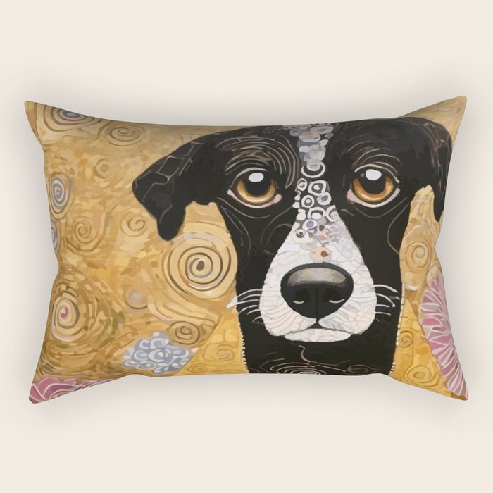 Black and White Klimt Dog with Floral Pattern Rectangular Pillow Gallery Image 1