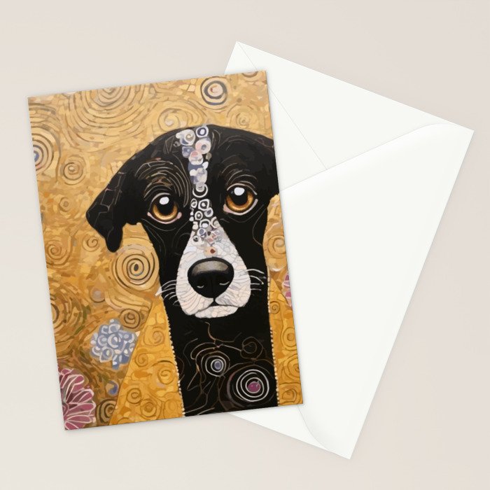Black and White Klimt Dog with Floral Pattern Stationery Card Gallery Image 2