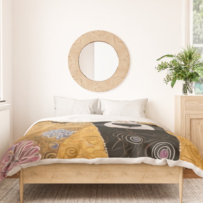 Black and White Klimt Dog with Floral Pattern Duvet Cover Gallery Image 3