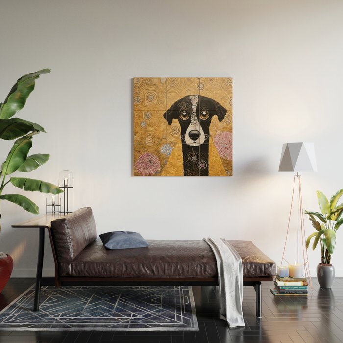 Black and White Klimt Dog with Floral Pattern Wood Wall Art Gallery Image 2