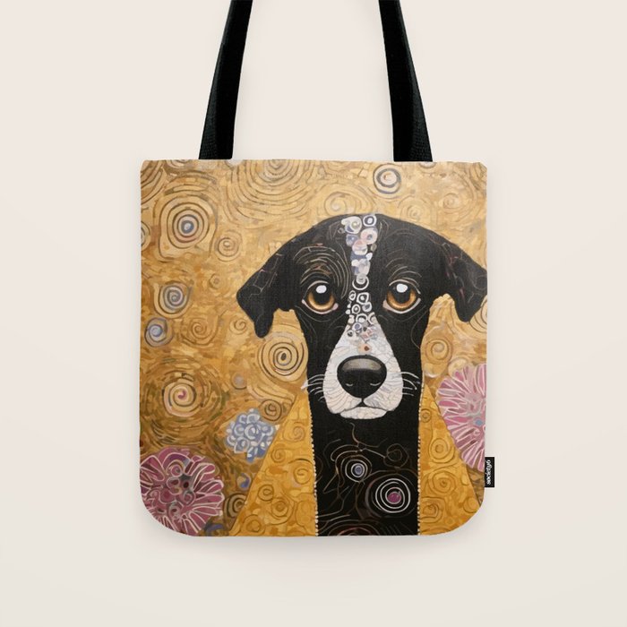 Black and White Klimt Dog with Floral Pattern Tote Bag Gallery Image 1