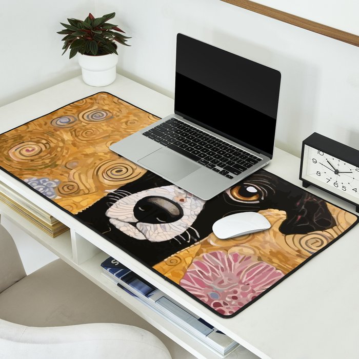 Black and White Klimt Dog with Floral Pattern Desk Mat Gallery Image 2