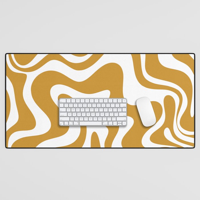 Liquid Swirl Abstract Pattern in Dark Mustard and White Desk Mat Gallery Image 1