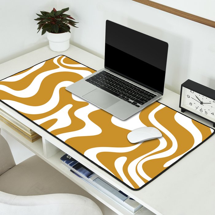 Liquid Swirl Abstract Pattern in Dark Mustard and White Desk Mat Gallery Image 2