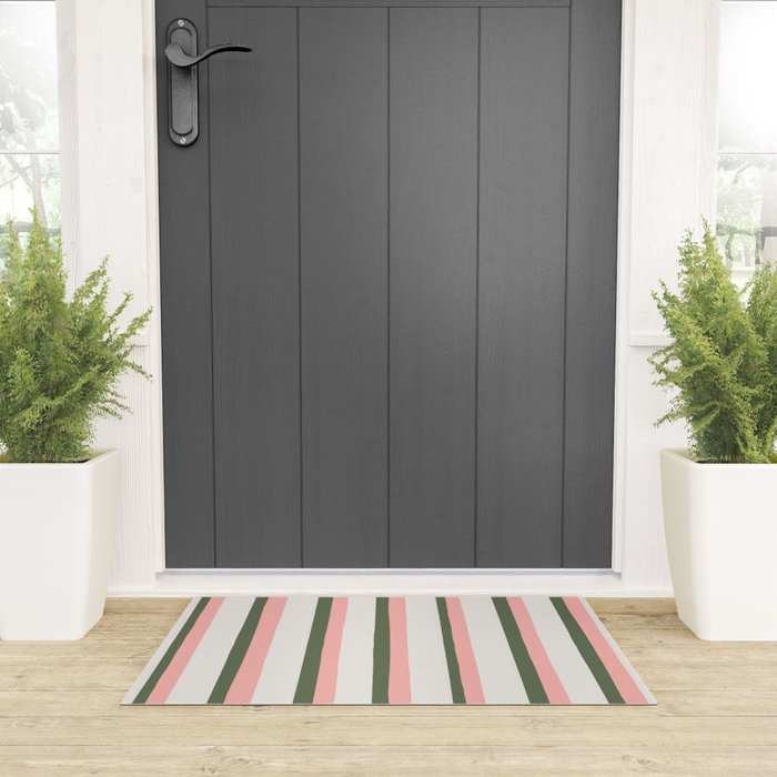 Hand Drawn Vertical Stripes Muted Green & Pink Welcome Mat Gallery Image 3