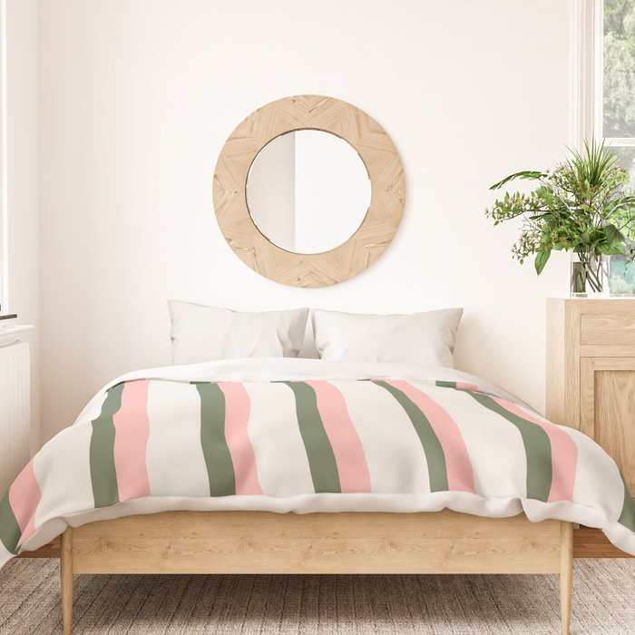 Hand Drawn Vertical Stripes Muted Green & Pink Duvet Cover Gallery Image 3