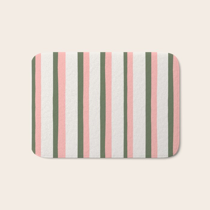 Hand Drawn Vertical Stripes Muted Green & Pink Bath Mat Gallery Image 1
