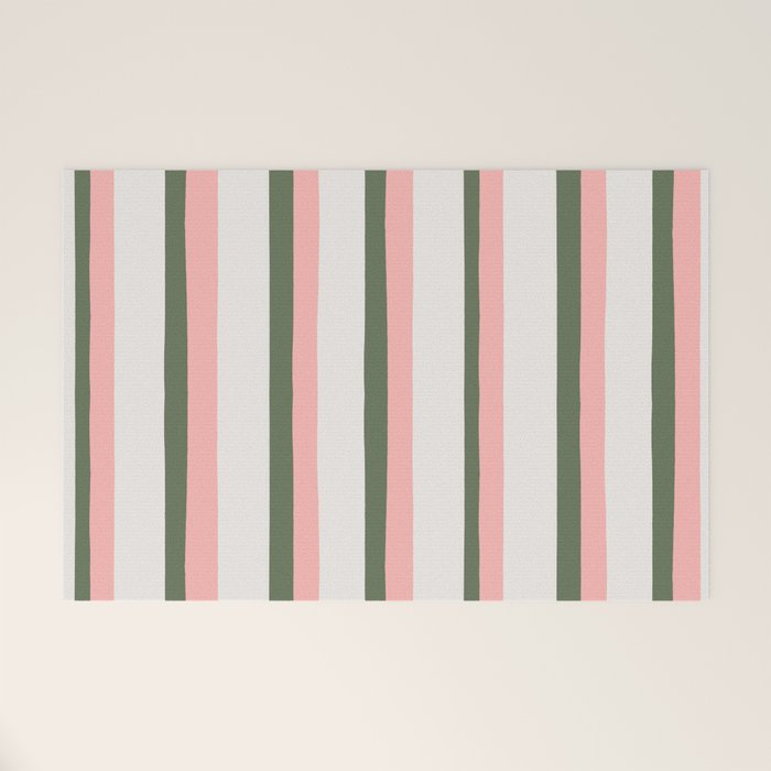 Hand Drawn Vertical Stripes Muted Green & Pink Welcome Mat Gallery Image 1