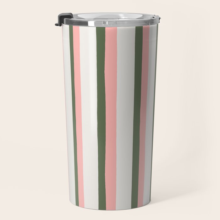 Hand Drawn Vertical Stripes Muted Green & Pink Travel Mug Gallery Image 3