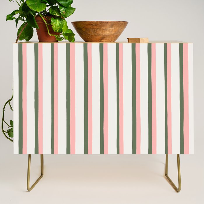 Hand Drawn Vertical Stripes Muted Green & Pink Credenza Gallery Image 1