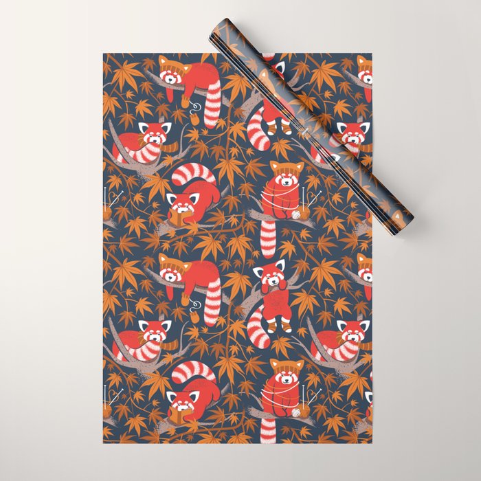Red panda blending with the foliage // navy background red cozy animals fog brown taupe tree branches orange acer leaves Wrapping Paper Gallery Image 1