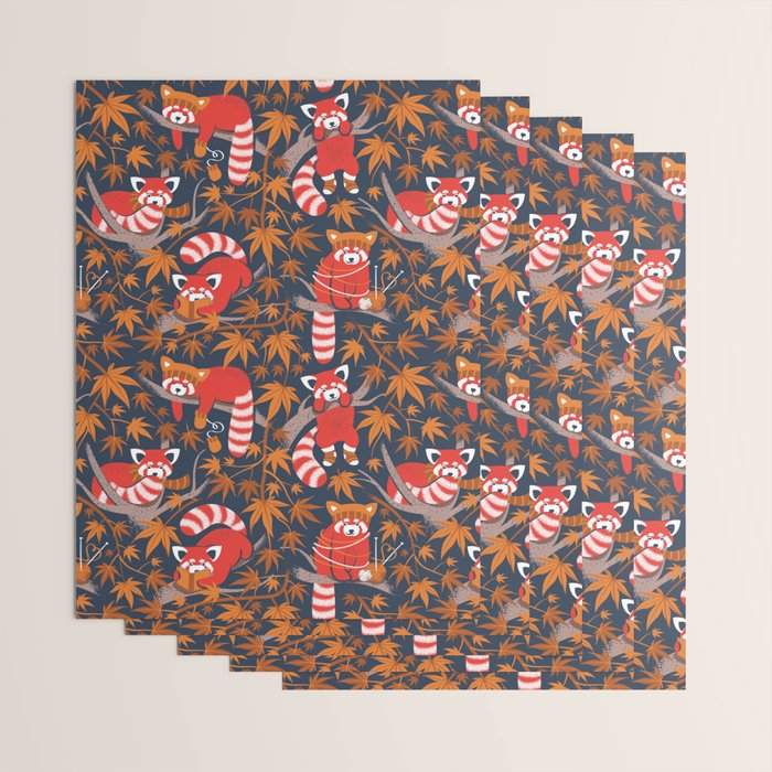 Red panda blending with the foliage // navy background red cozy animals fog brown taupe tree branches orange acer leaves Wrapping Paper Gallery Image 3